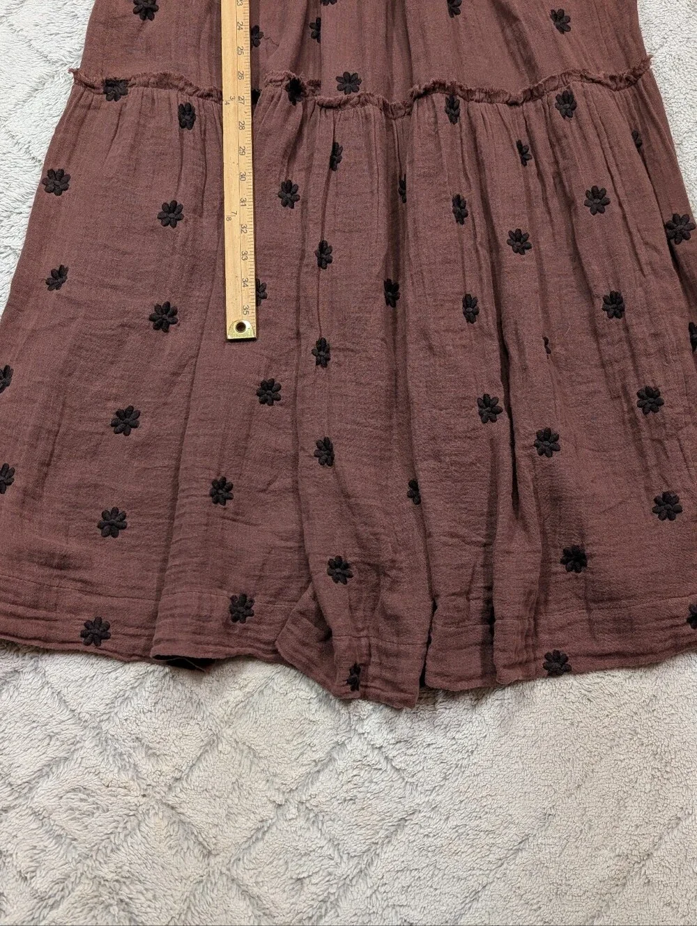 Free People Dress Womens XS Brown Burgundy Road Dahlia Embroidered Tier Maxi